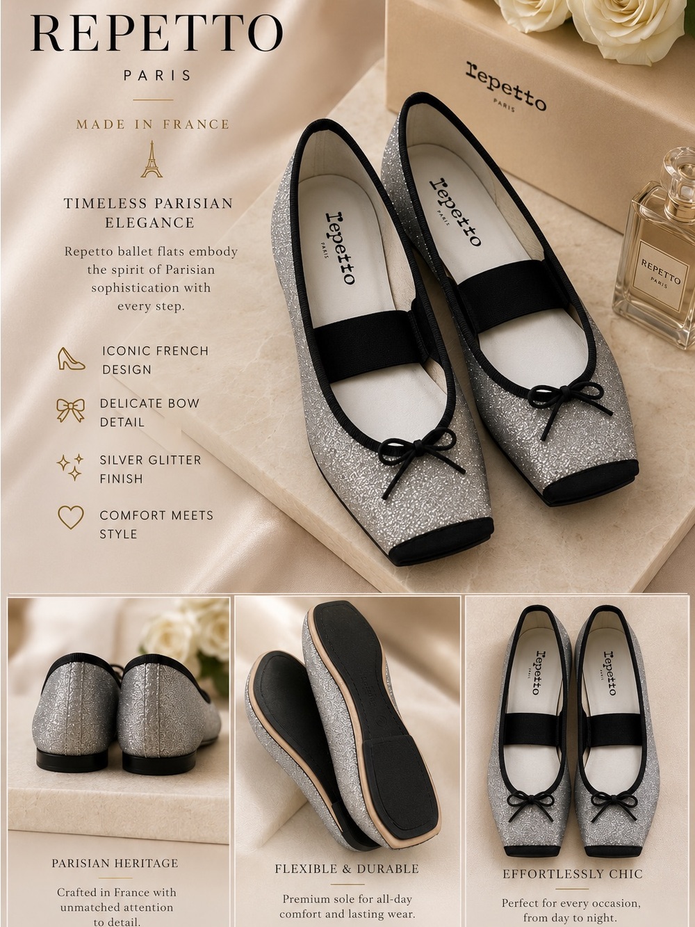 Repetto Silver Glitter Flats with Black Trim and Bow. New no box. - Picture 1 of 2